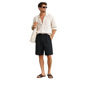 VINTAGE EDWARD Black Linen Pleated Bermuda Shorts Mens Minimalist L